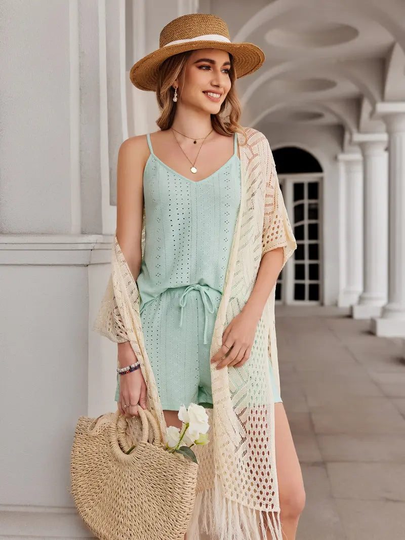 💖Women’s Oversized Knit Cardigan | Open Front Hollow Out Crochet Tassel Lightweight Summer Kimono