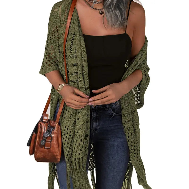 💖Women’s Oversized Knit Cardigan | Open Front Hollow Out Crochet Tassel Lightweight Summer Kimono