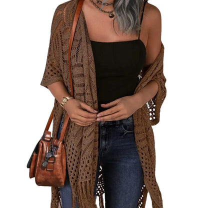 💖Women’s Oversized Knit Cardigan | Open Front Hollow Out Crochet Tassel Lightweight Summer Kimono