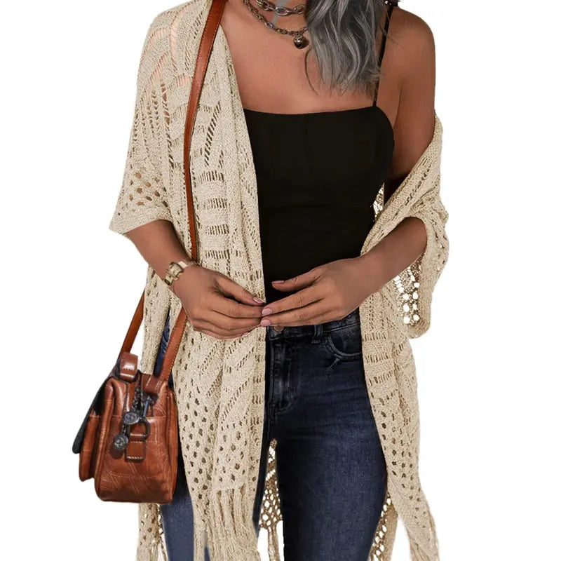 💖Women’s Oversized Knit Cardigan | Open Front Hollow Out Crochet Tassel Lightweight Summer Kimono