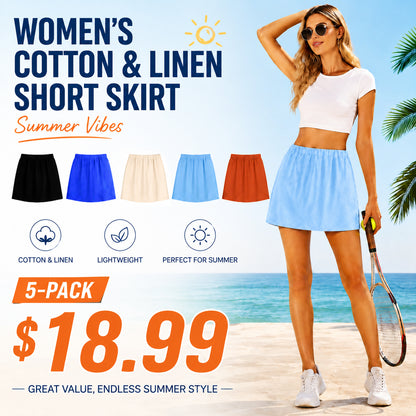 Women's Cotton Linen Skorts Casual Cute A-Line Mini Skirts with Ruffle Inner Waistband