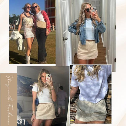 Women's Cotton Linen Skorts Casual Cute A-Line Mini Skirts with Ruffle Inner Waistband