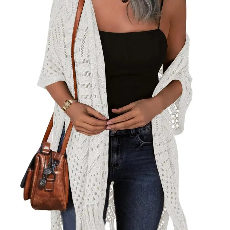 💖Women’s Oversized Knit Cardigan | Open Front Hollow Out Crochet Tassel Lightweight Summer Kimono