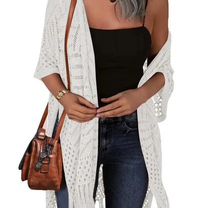 💖Women’s Oversized Knit Cardigan | Open Front Hollow Out Crochet Tassel Lightweight Summer Kimono