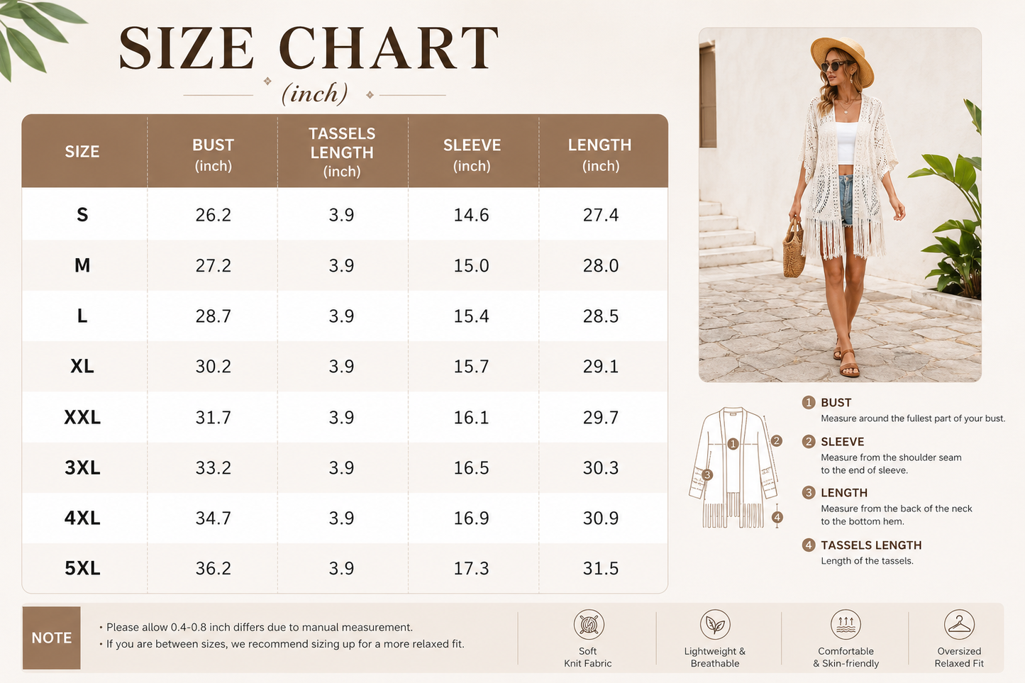 💖Women’s Oversized Knit Cardigan | Open Front Hollow Out Crochet Tassel Lightweight Summer Kimono