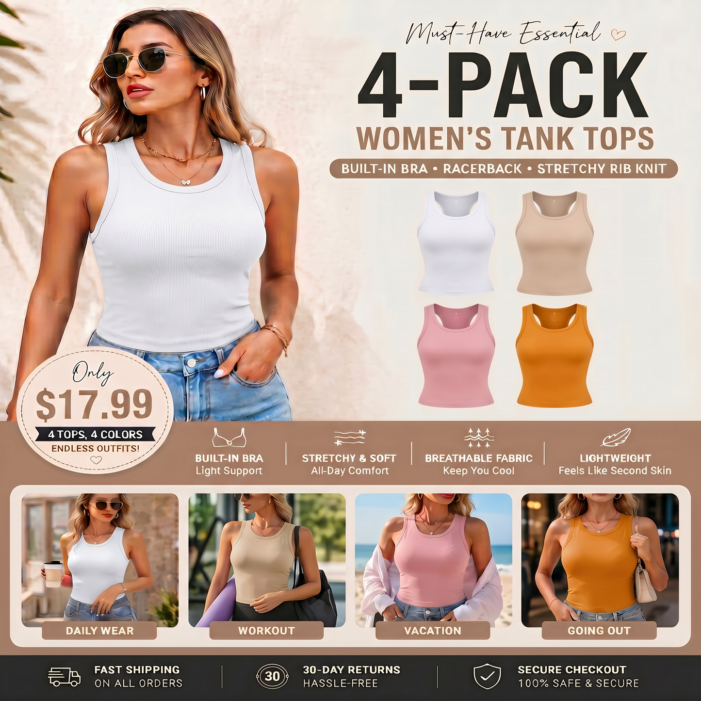 This Week's Special Price🍃Round Neck Ribbed Built-In Bra Tank Top | All-Day Support Casual Comfort Camisole, No Bra Needed💥