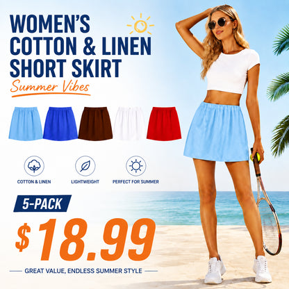 Women's Cotton Linen Skorts Casual Cute A-Line Mini Skirts with Ruffle Inner Waistband